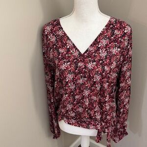 Loft floral print long sleeve v neck top with bottom elastic band and side tie